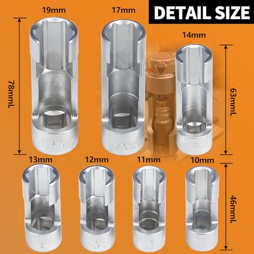 7PCS SET Difficult Access Diesel Injector Fuel Line Socket Set Difficult Access Flare Nut Wrench Spanner for Wired Temperature Sensors, Thermo Switches, ABS Tube, Master Cylinder, Coolant,10-19mm - size: 7PCS SET