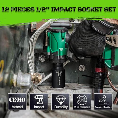 1/2 Inch Drive Deep Impact Socket Set,12 PCS Extended Socket Set, 6-Point Metric, Cr-Mo Steel - color: 12pcs 1/2" Metric
