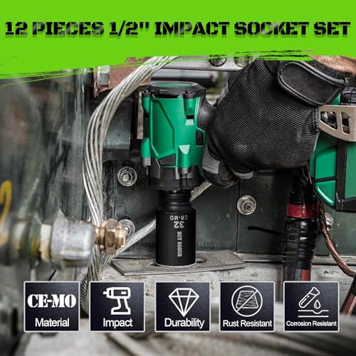 1/2 Inch Drive Deep Impact Socket Set,12 PCS Extended Socket Set, 6-Point Metric, Cr-Mo Steel - color: 12pcs 1/2" Metric
