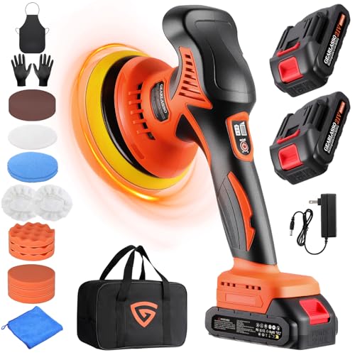 Car Buffer Polisher, 8 Variable Speed Car Polisher 2800-6000RPM Cordless Car Polishing Machine with 2x 21V 2000mAh Batteries and 17 Piece Polishing Kit for Car Detailing Scratch Removing - color: Orange & Black