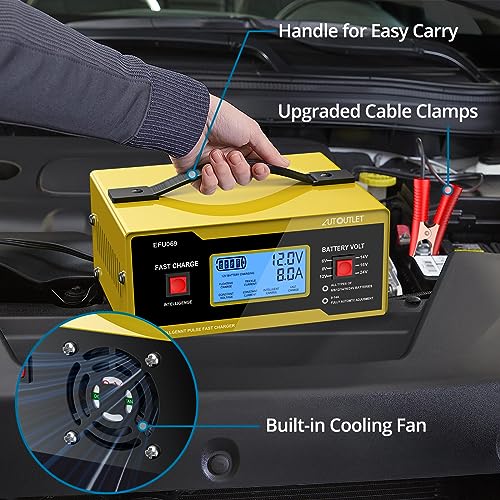 AUTOUTLET Upgraded 6/8/12/14/16/24V Battery Charger Automotive Smart Car Battery Charger and Trickle Maintainer 0-14A Fully Automatic with Cable Clamps for Lead-Acid Batteries(NOT Lithium Battery) - color: Yellow