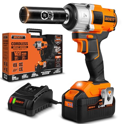 boen Cordless Impact Wrench 1/2 inch, 600FT-LBS(800N.m), Brushless Electric Impact Wrench, 2200RPM High Torque Impact Gun for Car Home, Includes 4.0Ah Battery×1, Charger, IW-75 - size: 600FT-LBS(800N.m)
