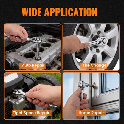 6-Piece Ratchet and Socket Extension Set, 90T 1/4", 3/8", 1/2" Drive Ratchet Wrench Set, Quick-Release Reversible with Cr-Mo Head for Automotive & Home Repair - size: Combo Kit(1/4" & 3/8" & 1/2")