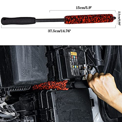3 Pcs Soft Wheel Brushes for Cleaning Wheels Kit - 1x Synthetic Soft Car Wheel Rim Brush，1x Long Handle Cleaning Brush and 1x Car Detail Brush, Clean Dirty Wheel… - color: Red and Black