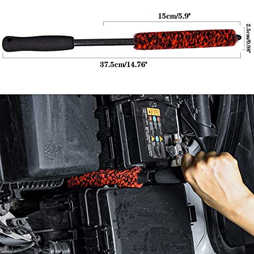 3 Pcs Soft Wheel Brushes for Cleaning Wheels Kit - 1x Synthetic Soft Car Wheel Rim Brush，1x Long Handle Cleaning Brush and 1x Car Detail Brush, Clean Dirty Wheel… - color: Red and Black
