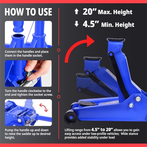 PM PERFORMOTOR Low Profile Hydraulic Trolley Service/Floor Jack, 4 Ton (8000 lbs) Capacity, Lifting Range 4.5"-20", Blue, PM-TOL-FJ40-BL - color: Blue