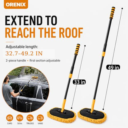 Extension Pole Car Wash Mop with Long Handle, Microfiber Car Wash Brush | Telescopic long-reach mop, 49 in reach, 15° angled head, reaches roofs scratch-free, wet or dry, cars, SUVs, RVs & boats