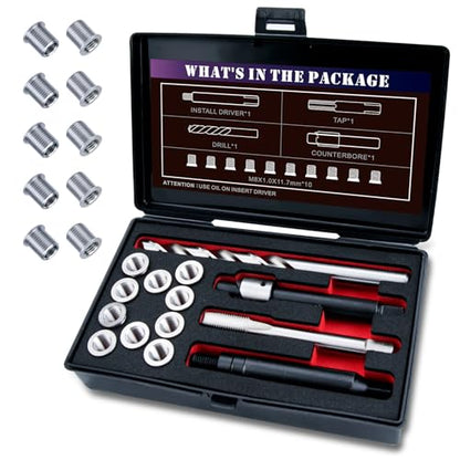 M8X1.0 Thread Repair Kit with Insert HSS Drill, Tap, Counterbore, Installation Driver, Metric, 10PCS Stainless Steel Insert M8X1.0X11.7MM