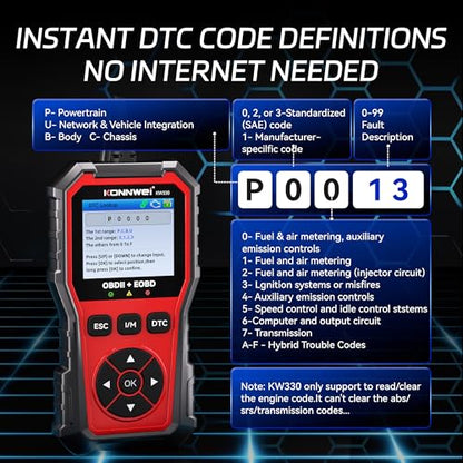 KONNWEI OBD2 Scanner Diagnostic Tool KW330, Check Engine Code Reader with Battery Voltage Test, Live Datastream, Freeze Frame, Car Scanner Diagnostic Tool for All OBDII Car Since 1996