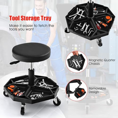 S AFSTAR Garage Shop Roller Seats, Adjustable Pneumatic Rolling Creeper Stool W/Tool Storage Tray & 4 Universal Wheels, Padded Mechanic Stool Repair Shop Stool Garage Rolling Stool (Black - color: Black