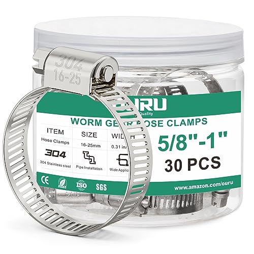 OURU 30PCS Hose Clamps Stainless Steel Adjustable 5/8"–1"(16-25mm) Worm Gear Hose Clamp, Heavy Duty Metal Small Hose Clamps for Automotive, Pipe, Radiator Plumbing, Fuel Line - size: 5/8"-1"(16-25mm)