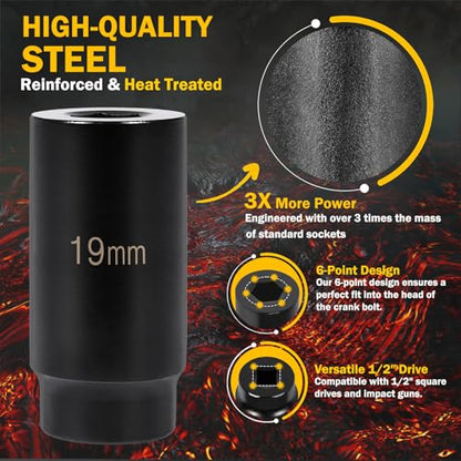 For Honda 19mm Heavy-Duty Harmonic Balancer Socket 77080 | 3X Torque Impact Tool for Compact Engines, 89mm OAL 1/2" Drive, 6-Point Alloy Steel Crank Bolt Remover