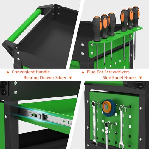 3-Tier Heavy Duty Utility Cart on Wheels, Rolling Tool Cart on Wheels with a Drawer, 350 Lbs Load Capacity Service Cart for Warehous, Garage and Repair Shop (Black&Green) - color: Black&green
