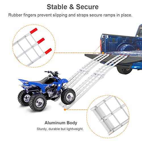TUFFIOM 7ft Aluminum Motorcycle Ramps 1500lbs Capacity, 2pcs Folding Loading Truck Ramps for Pickup Trucks Bed, Trailer Ramp with Load Straps for UTV/ATV/Lawn Mower/Dirt Bike, Lightweight & Portable