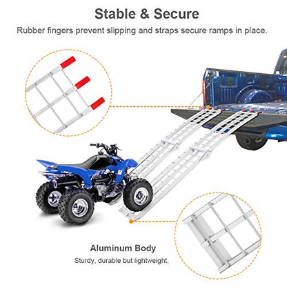 TUFFIOM 7ft Aluminum Motorcycle Ramps 1500lbs Capacity, 2pcs Folding Loading Truck Ramps for Pickup Trucks Bed, Trailer Ramp with Load Straps for UTV/ATV/Lawn Mower/Dirt Bike, Lightweight & Portable
