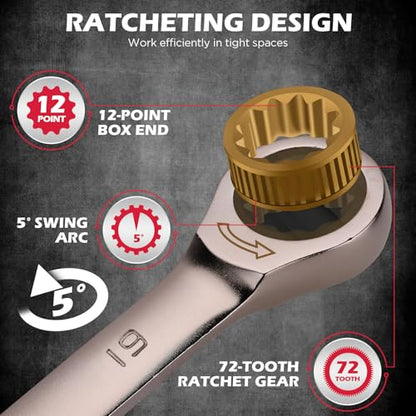 Premium 12-Piece Metric Ratchet Wrenches Set with Magnetic Organizer 8mm-19 mm, 72-Tooth Ratcheting Wrench Set, Cr-V Steel Ratchet Combination Wrench Set for Automotive, Machine Repair - style: 12-Piece Ratchet (Metric)