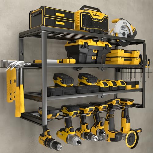 YYR 4 Layer Power Tool Organizer Wall Mount, Cordless Drill Hanger Storage Rack, Battery Tools Holder with Charging Station Shelf for Garage Organization, Workshop, Pegboard, Shed - 24 Inch 6 Slots - size: 24 Inch 6 Drills Holder