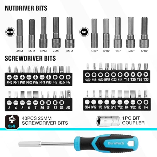 DURATECH 121-Piece Mechanics Tool Kits, Include SAE/Metric Sockets Set, 72-Tooth Drive Ratchet, 40-in-1 Magnetic Screwdriver, and Hex Keys with Carrying Tool Box for Auto Repair