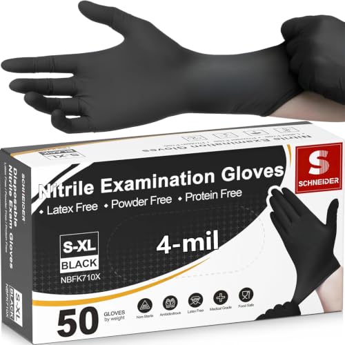 Schneider Medical Nitrile Exam Gloves, 4 Mil Black Gloves Disposable Latex Free Powder Free, Food Safe for Cooking - size: Small, style: 50 Count(box of 50)