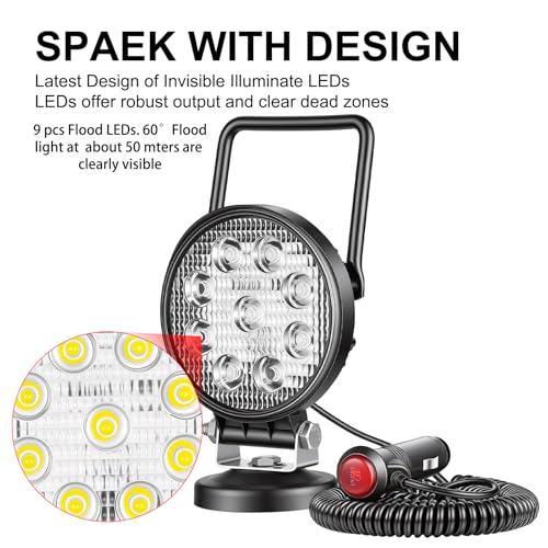 SKYWORLD Magnetic Mount LED Work Light, 2PCS 4 Inch 27W Round Flood Off Road Driving Fog Lamp 12V 24V with Portable Magnetic Base Holder for Truck Tractor Trailer Car Boat Engineering Vehicle - size: 2Pcs 4 Inch 27W Flood