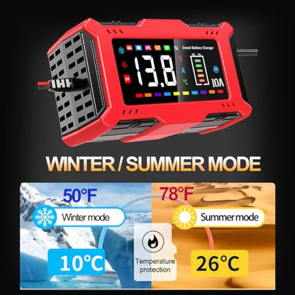 Car Battery Charger 10A with Large LCD Display for 12V Lead Acid & 14.6V LiFePO₄, Automatic Battery Maintainer, Trickle Charger, Desulfator, AGM/Gel/SLA Charger for Cars Trucks Motorcycles Boats