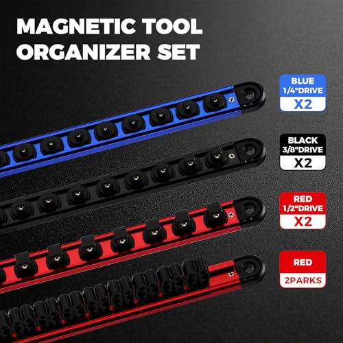 Mayouko 8-Piece Magnetic Socket Organizer and Magnetic Screwdriver Organizer Set, 6-Piece 1/4", 3/8" & 1/2" Drive Socket Rails, 2-Piece Wrench Organizer, Aluminum Rail Magnetic Tool Organizer