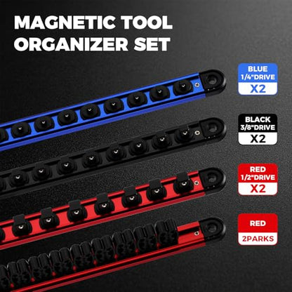 Mayouko 8-Piece Magnetic Socket Organizer and Magnetic Screwdriver Organizer Set, 6-Piece 1/4", 3/8" & 1/2" Drive Socket Rails, 2-Piece Wrench Organizer, Aluminum Rail Magnetic Tool Organizer