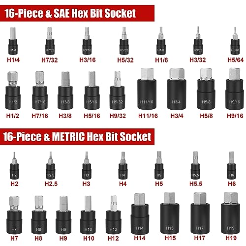 Hex Impact Bit Socket Set, 32-Piece Allen Socket Set SAE and Metric 1/4" 3/8" 1/2" Drives, S2 Alloy Steel and CR-V Bit Sockets