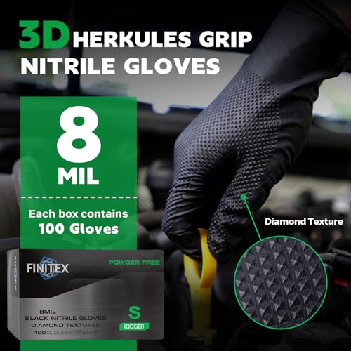 FINITEX Industrial Diamond Texture Nitrile Black Glove - 100/1000PCS Chemical Resistant 8mil Mechanic Disposable Gloves - color: Black (Small 100)