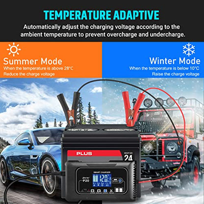 SolaMr Lithium Lifepo4 Battery Charger, 20Amp 12V and 24V Portable Smart Car Battery Charger, Trickle Charger for Lead-Acid(AGM/Gel/SLA..), Deep Cycle Charger for Marine, RV, Motorcycle (P20) - size: P20 Battery Charger