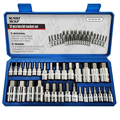 SUNHZMCKP 32 Piece Allen Socket Set, 1/4", 3/8", & 1/2" Drives Hex Bit Socket Set, Include Complete SAE and Metric Size Socket Set, S2 & Cr-V Steel and Enhanced Storage Case