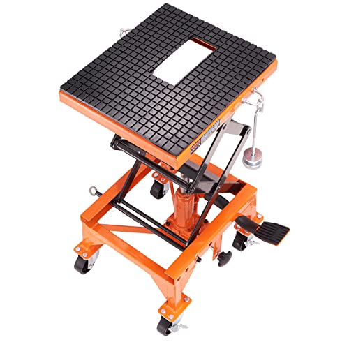 VEVOR Hydraulic Motorcycle Lift Table, 350 lbs Capacity Motorcycle Scissor Jack Lift with Wide Deck, J-Hooks, 4 Wheels, Hydraulic Foot-Operated Jack Stand for ATV Dirt Bikes