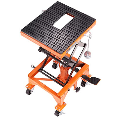 VEVOR Hydraulic Motorcycle Lift Table, 350 lbs Capacity Motorcycle Scissor Jack Lift with Wide Deck, J-Hooks, 4 Wheels, Hydraulic Foot-Operated Jack Stand for ATV Dirt Bikes