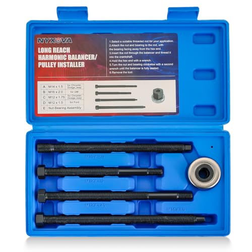 NYXOVA 5PCS Harmonic Balancer Installer Set, Long Reach Crank Pulley, Underdrive Pulley Damper Installation Tool Kit with 4 Adapters & Nut Bearing, Compatible with Ford GM Dodge V8/V6 Engines