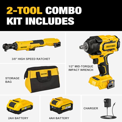 1/2'' Brushless Impact Wrench 516 ft-lbs(700 Nm) and 3/8'' Cordless Ratchet Wrench 44 ft-lbs (60 Nm),20V Wrench Combo Set, with Variable Speed, LED Light, 4.0Ah &2.0Ah Battery, Charger