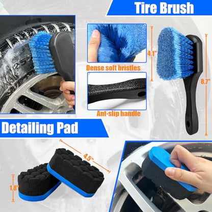 Wheel Brush Kit,Soft Drill Wheel Cleaner Brush, No Scratches Highly Dense Car Cleaning Brush Set for Wheels, Tire, Rims, Engines, Exhaust(Blue + White 3 Pk) - color: Blue + White 3 Pk
