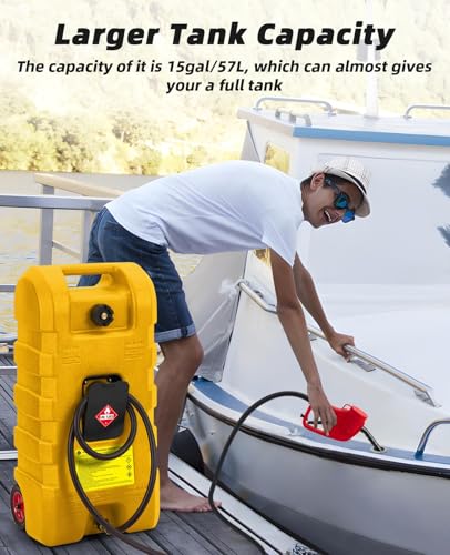 15 Gallon Gas Can, Portable Fuel Tank with Pump, Fuel Transfer Tank, Portable Gasoline Tank On Wheels with Le Fluid Transfer Siphon Pump and 10-Inch Hose for Cars, Boats, Lawnmowers, ATVs - color: Yellow