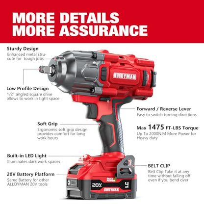 Alloyman Cordless Impact Wrench, 1475Ft-lbs (2000N.m) 1/2 High Torque Brushless Impact Gun, 20V Power Impact Driver, 2*4000mAh Battery,3 Sockets, Brushless Motor Variable Speeds for Car/Truck RV/Mower - style: 1475Ft-lbs /2x Battery