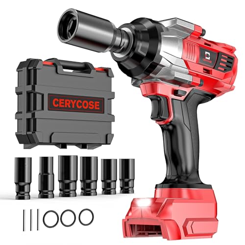 Cerycose 1000 FT-LBS Cordless Impact Wrench 1/2" Compatible with Milwaukee 18V Battery – with 6 Sockets and Toolbox, Brushless Electric Impact Gun, Includes LED Work Light – High Torque Driver - color: 1/2 1000 Ft-lbs With 6 Socket