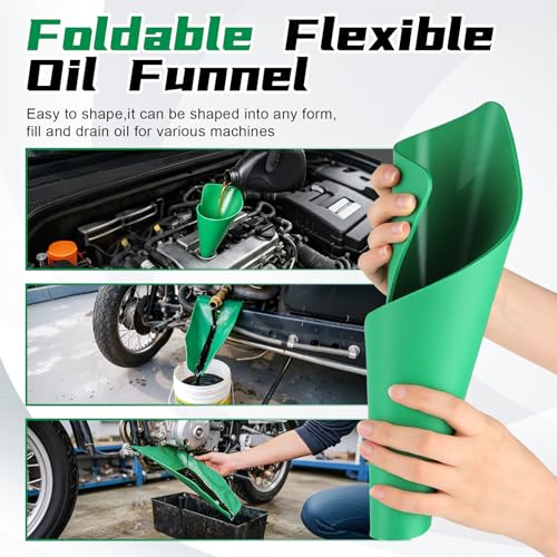 JUSTTOP Flexible Oil Funnel,Reused Flexible Foldable Oil Drain Funnel,Form a Funnel Flexible Draining Tool for Most Cars, Trucks, Motorcycles,Soft Silicone Material,Easy to Clean - size: Silicone-Green