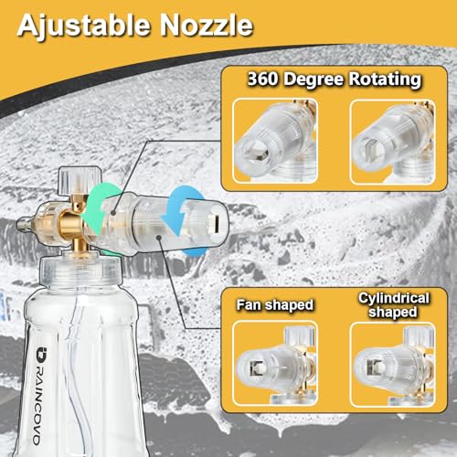 Raincovo Foam Cannon with Short Pressure Washer Gun, Dual Connector Accessories, Snow Soap Attachment for Car Wash, 5 Nozzles Tips with Holder, 1/4” Quick Connect, Additional 1.1 mm Orifice Nozzle