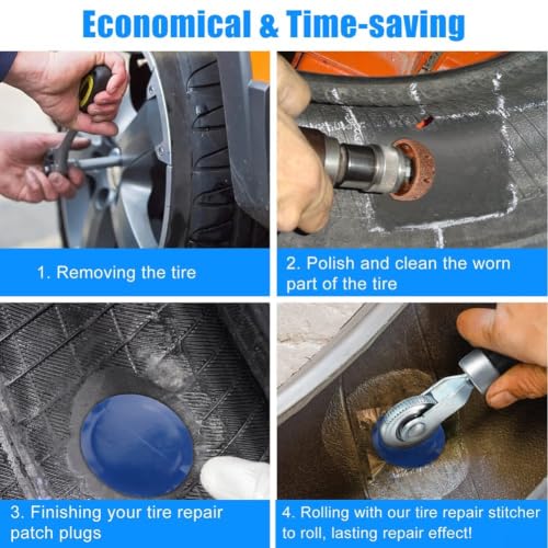 30pcs Tire Repair Kit with Roller - 3 Sizes Rubber Patches for Cars Trucks Motorcycles - Fix Punctures Seal Flats Tubeless Tool