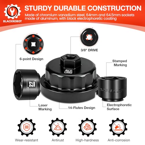 BLACKROBOT 10-Piece 3/8” Drive Oil Filter Socket Wrench Set, Metric Low Profile Oil Filter Sockets with 72-Tooth Ratchet, Oil Filter Cap Remover and Installer Tool Set - size: 24mm-64.5mm