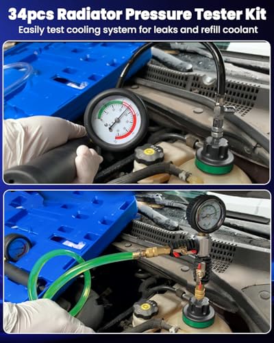 ATPEAM 34pcs Universal Radiator Pressure Tester Coolant Pressure Tester and Vacuum Refill Kit for Automotive Cooling System Water Tank Leakage Detection - size: 34pcs