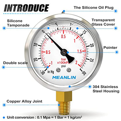 MEANLIN MEASURE -30inHG~30Psi Stainless Steel 1/8" NPT 2.5" FACE DIAL Vacuum Pressure Gauge, Lower Mount, with 1/4" NPT and 3/8" NPT Hex Bushing - size: -30inHG-30Psi