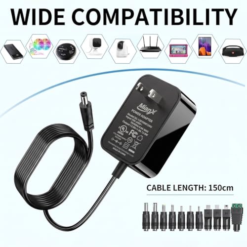 12V 1A Power Supply AC Adapter Replacement with 11 Tips, Regulated 12 Volts 1000mA Cord Charger for LED Strip Light, CCTV Camera, GPS, Webcam, Router, BT Speaker DC12V Transformer