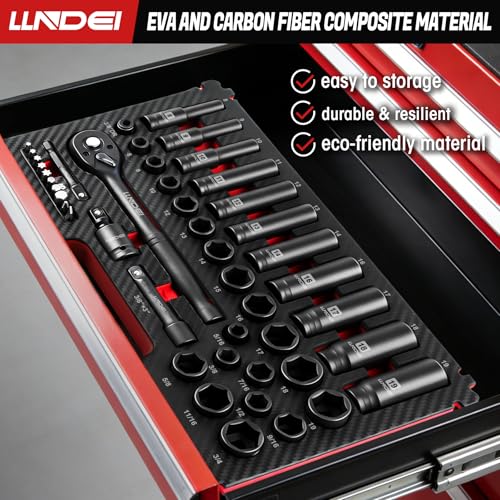 LLNDEI 3/8" Drive Impact Socket Set (Metric & Sae) 45Pcs | Transparent Case and EVA Foam Insert, Cr-V Material, Automotive Engine and Daily Home Repair, Engine Repair, Tire Changes