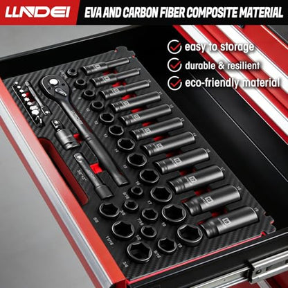 LLNDEI 3/8" Drive Impact Socket Set (Metric & Sae) 45Pcs | Transparent Case and EVA Foam Insert, Cr-V Material, Automotive Engine and Daily Home Repair, Engine Repair, Tire Changes