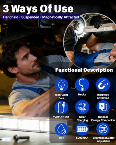 Rechargeable Magnetic Work Light Bar, Super Bright LED Underhood Light with LCD Display, 5000mAh Power Bank, Solar/USB-C, 5 Modes Red/Blue Strobe, IP65 Waterproof for Mechanic Garage Camping - size: 12.2"L x 1.57"W x 1.69"H