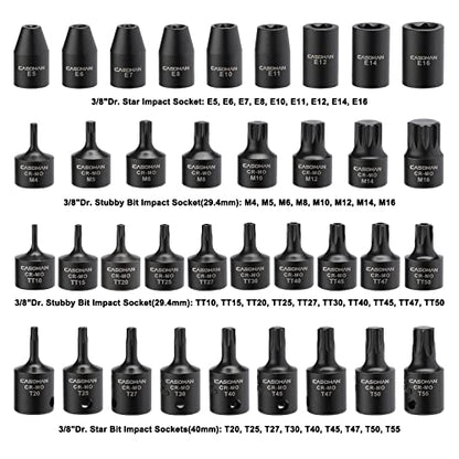 CASOMAN 84 Pieces 3/8" Dr. Master Hex & Torx Bit Impact Socket Set, CR-MO, SAE/Metric, Impact Grade, 3/8" Drive Allen Bit Socket Set
